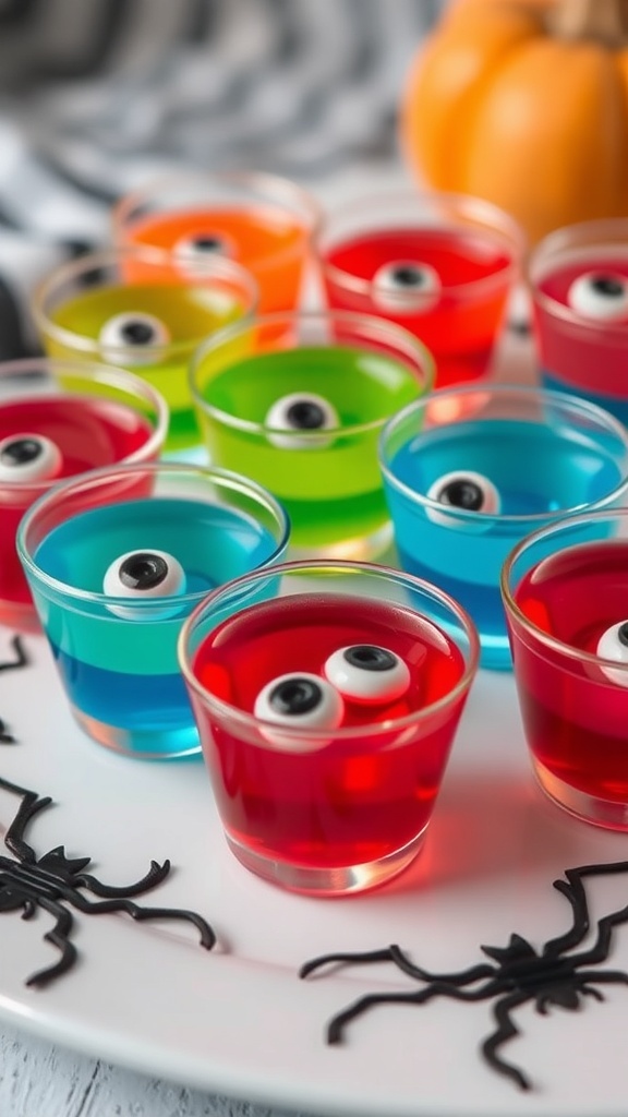 Colorful jello shots with gummy eyeballs on a plate, perfect for Halloween.