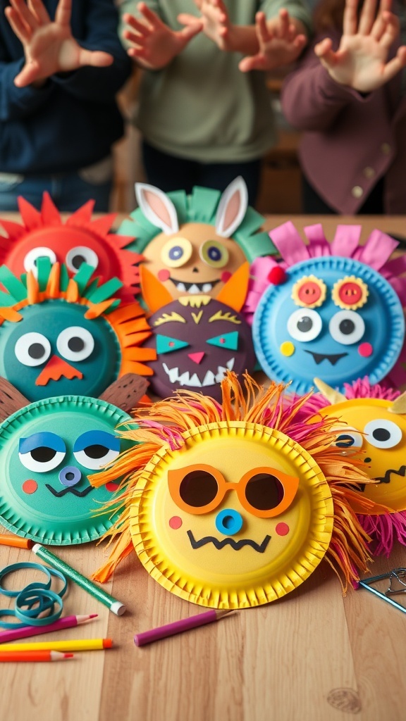 A colorful display of monster masks made from paper plates, with playful features and decorations.