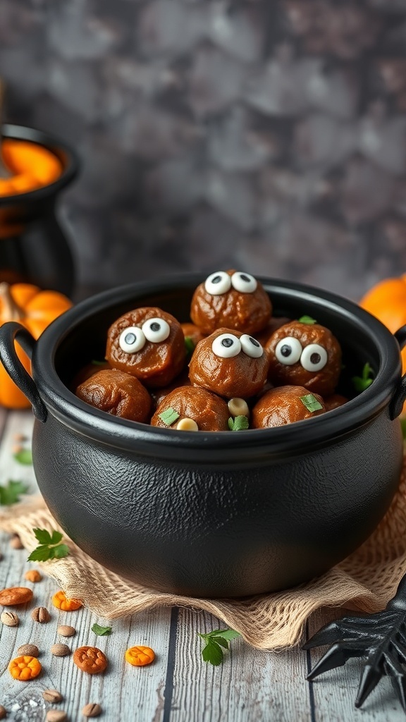 A cauldron filled with monster meatballs decorated with eyes, surrounded by Halloween-themed decorations.