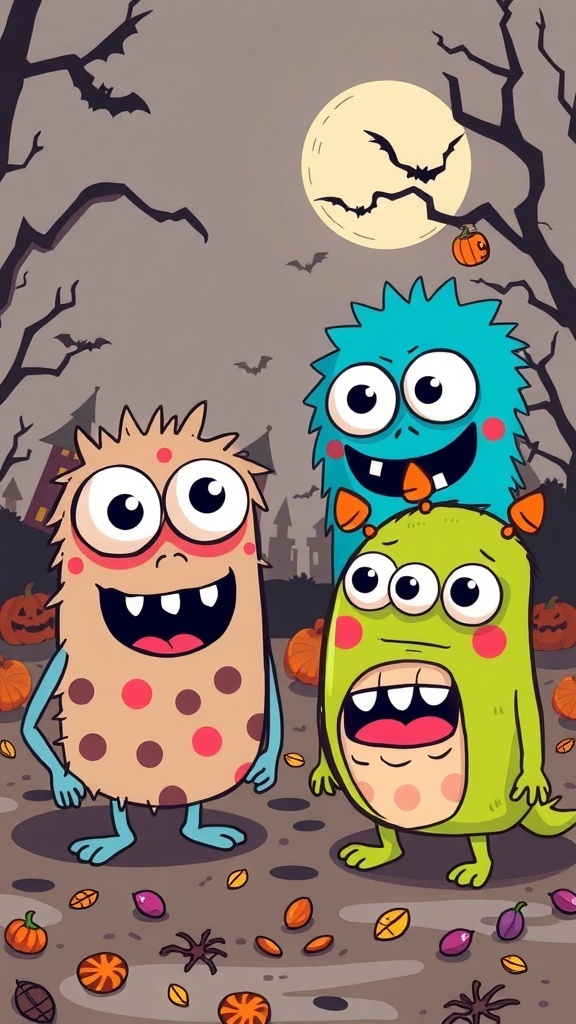 Three colorful cartoon monsters smiling in a spooky Halloween setting with pumpkins and bats.