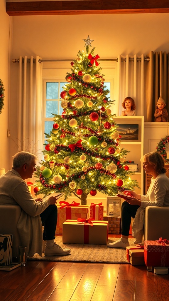 A cozy Christmas morning scene with a decorated tree, gifts, and two people enjoying a quiet moment.