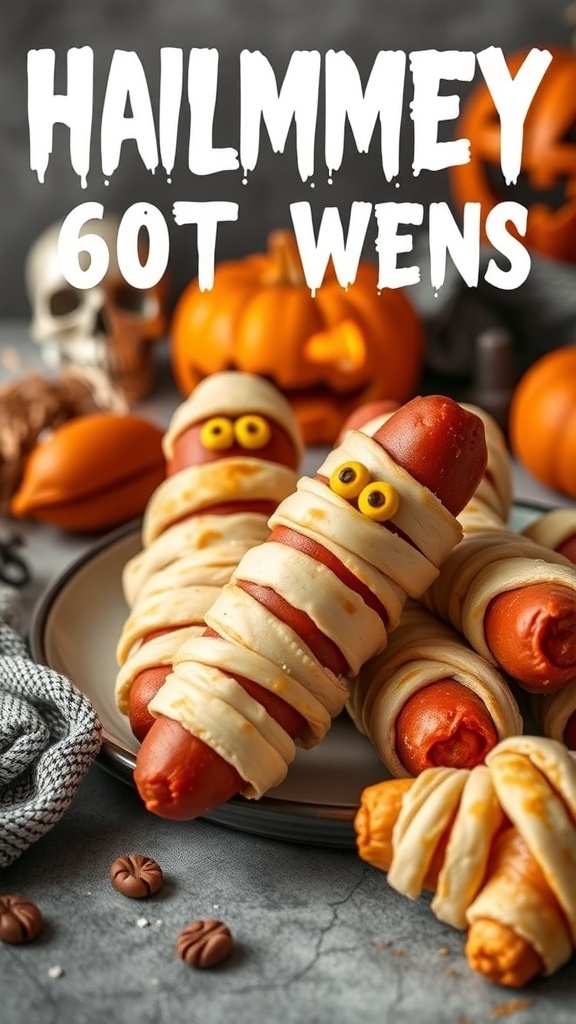 A plate of mummy hot dogs wrapped in dough, with mustard eyes, surrounded by Halloween decorations.