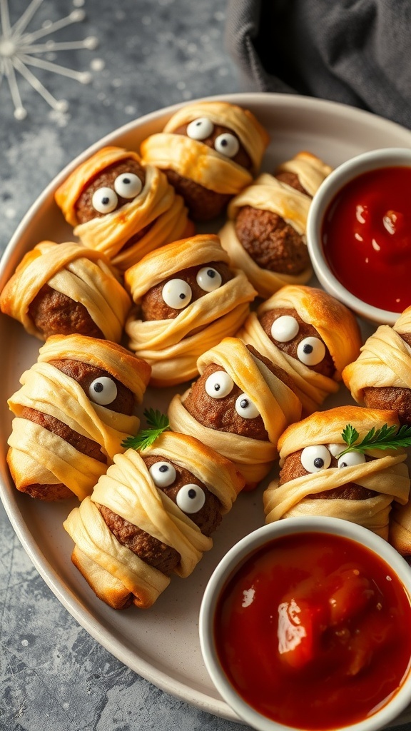 A plate of mummy meatballs wrapped in dough with candy eyes, served with marinara sauce.