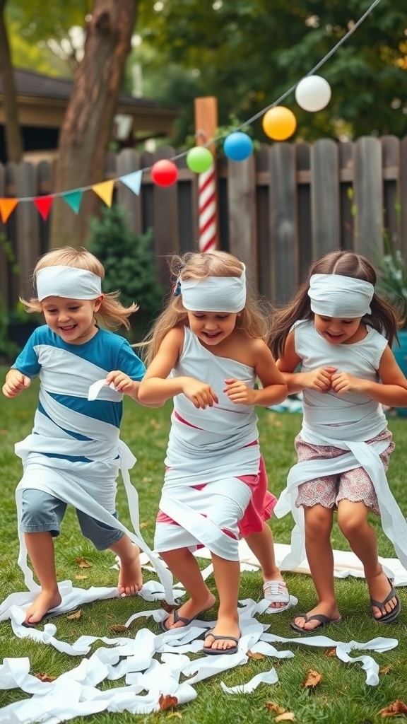Kids participating in a Mummy Wrap Relay, wrapped in toilet paper, having fun in a festive backyard.