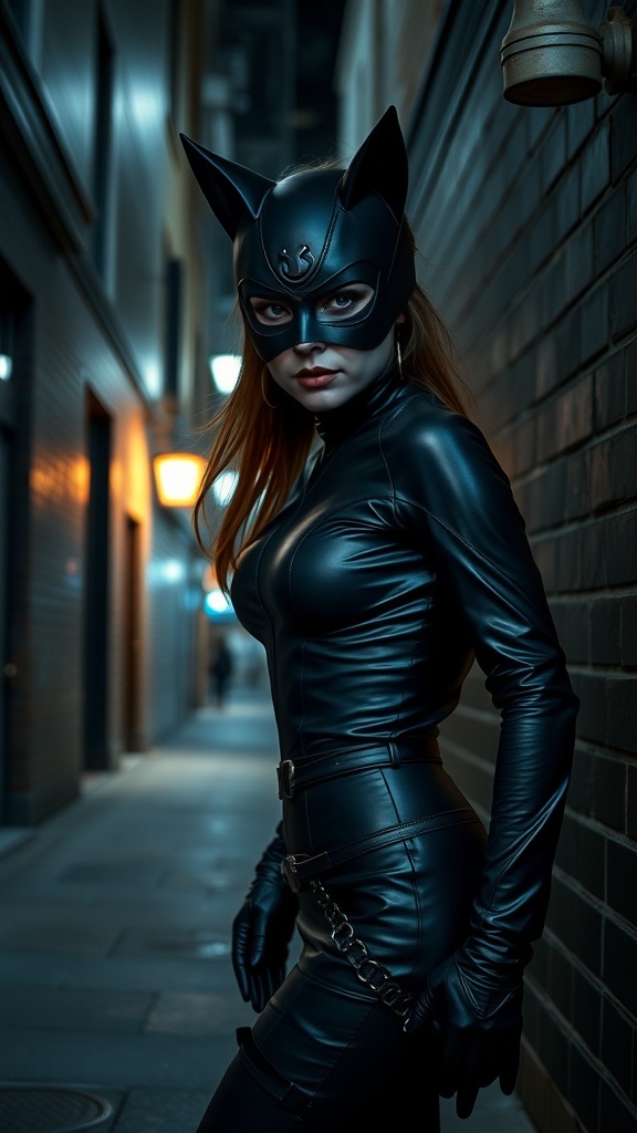 A woman in a Catwoman costume, featuring a black bodysuit and mask, posing in a dimly lit alley.