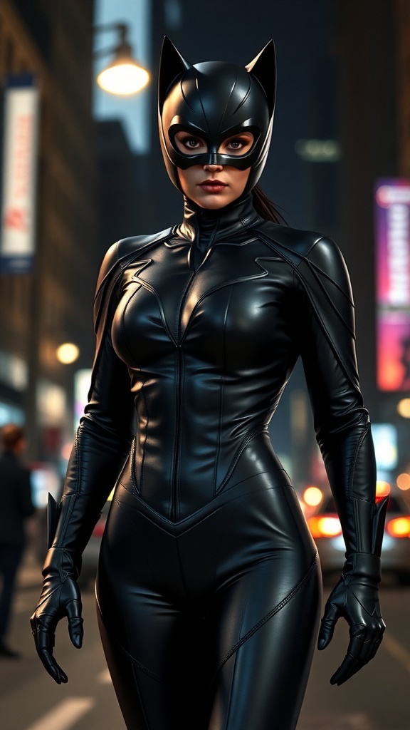 A person dressed in a sleek black Catwoman costume, featuring a form-fitting catsuit, cat ears, and a mask, standing confidently in an urban setting.