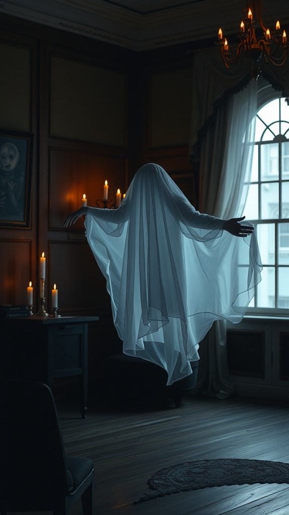A ghostly figure in a flowing white sheet, surrounded by candles in a dimly lit room.