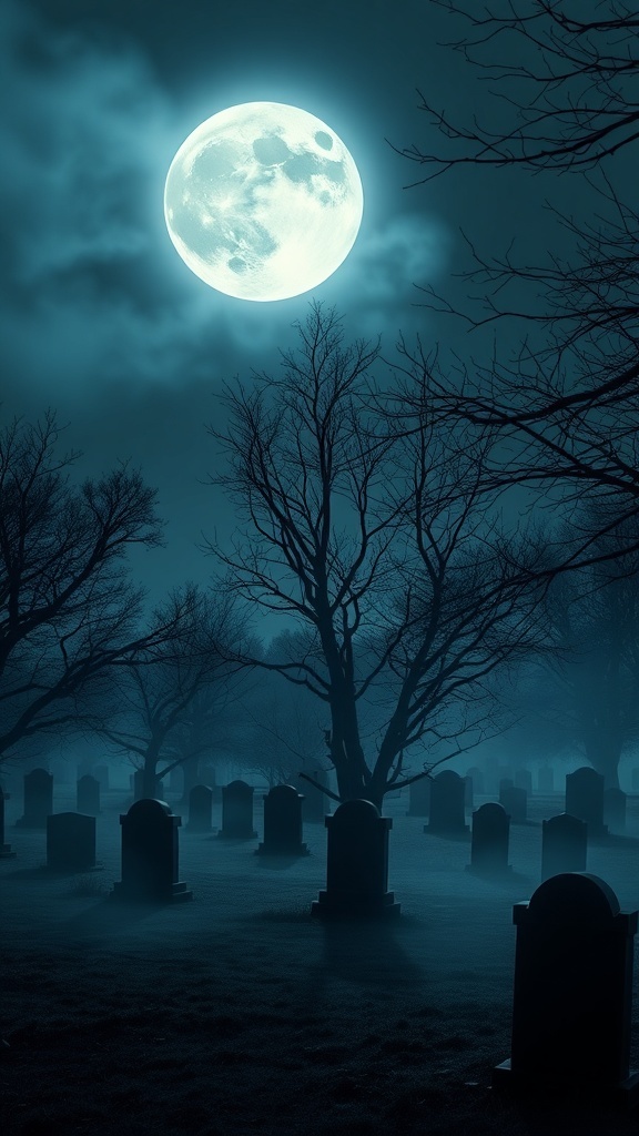 A mysterious graveyard scene with a full moon, mist, and bare trees.