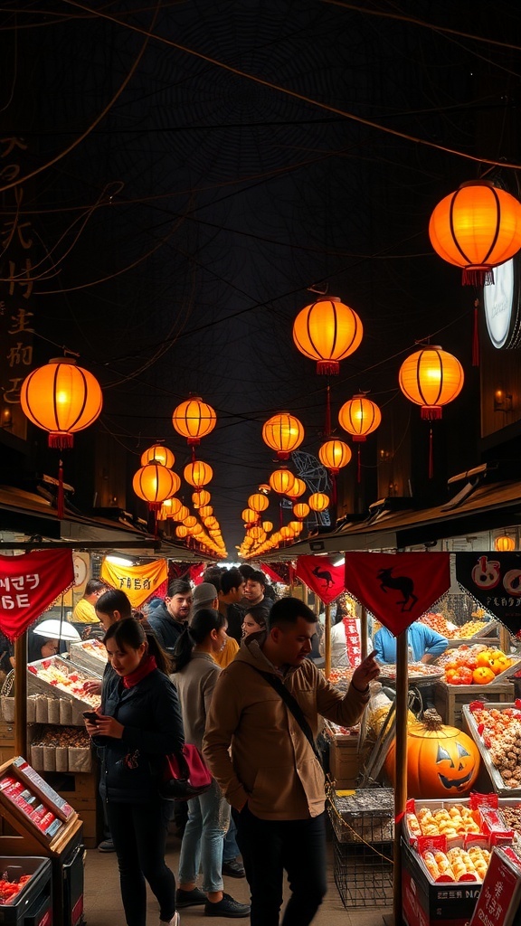 A vibrant Halloween night market with orange lanterns, stalls filled with pumpkins and treats, and people enjoying the festive atmosphere.