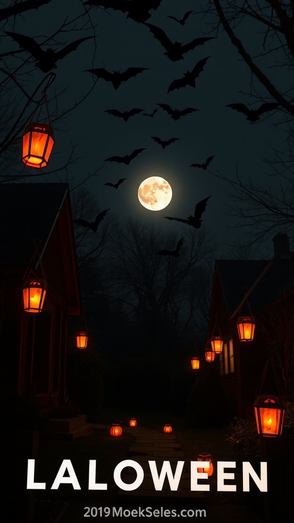 A nighttime Halloween scene with bats flying, a full moon, and glowing lanterns along a path.