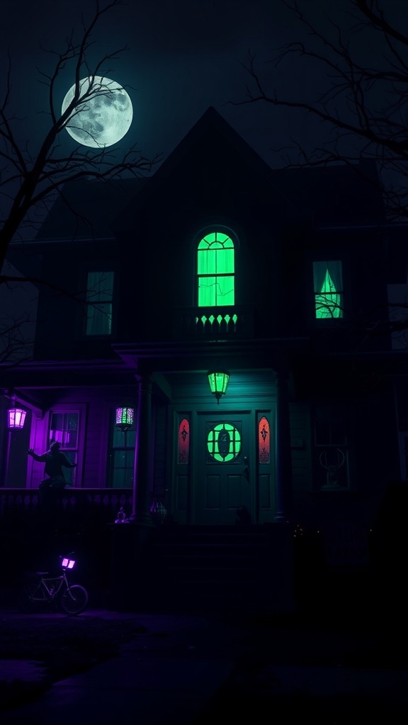 A spooky house illuminated in purple and green light under a full moon.