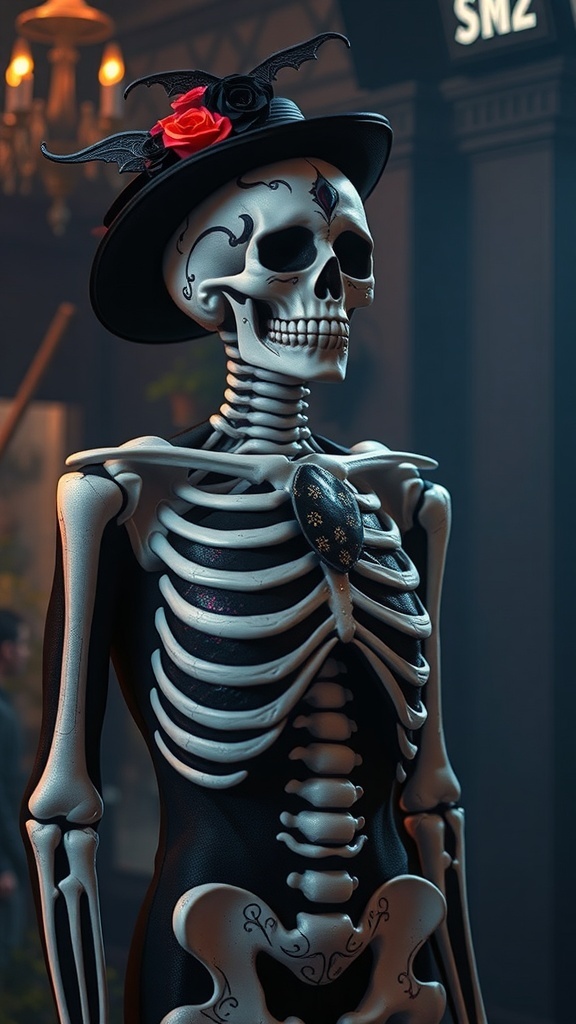 A stylish skeleton wearing a hat with roses and bats, showcasing a glamorous Halloween look.