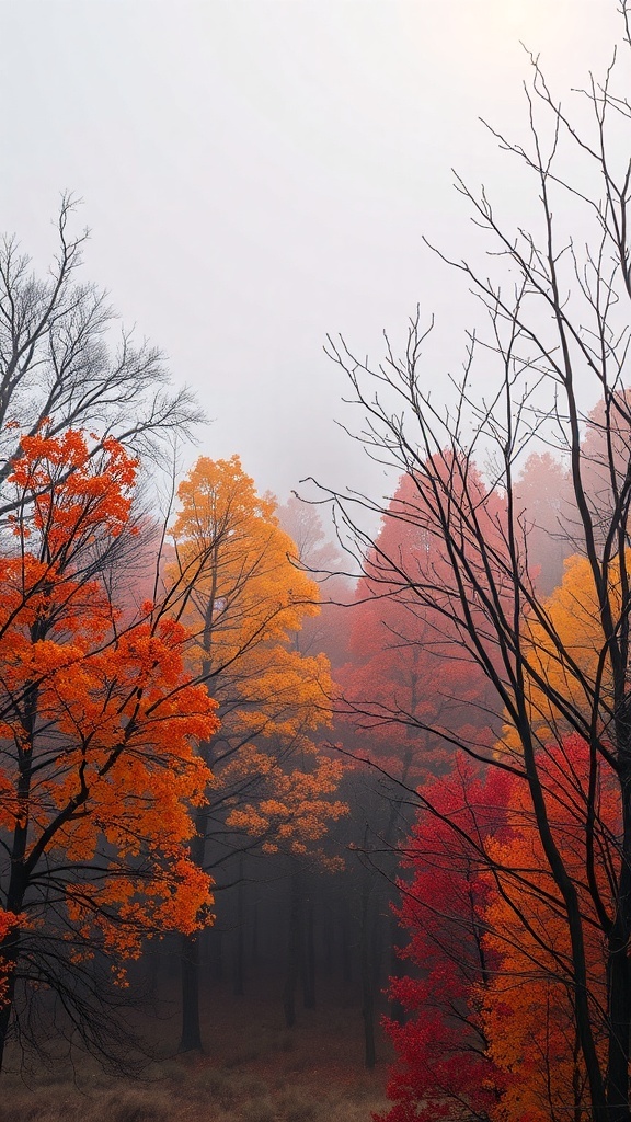 A misty forest with vibrant autumn leaves in shades of orange, red, and yellow.