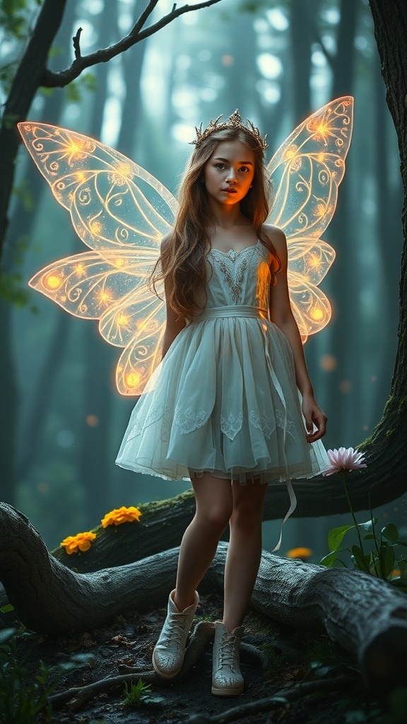 A teenage girl dressed as a mystical fairy with glowing wings in a forest setting.