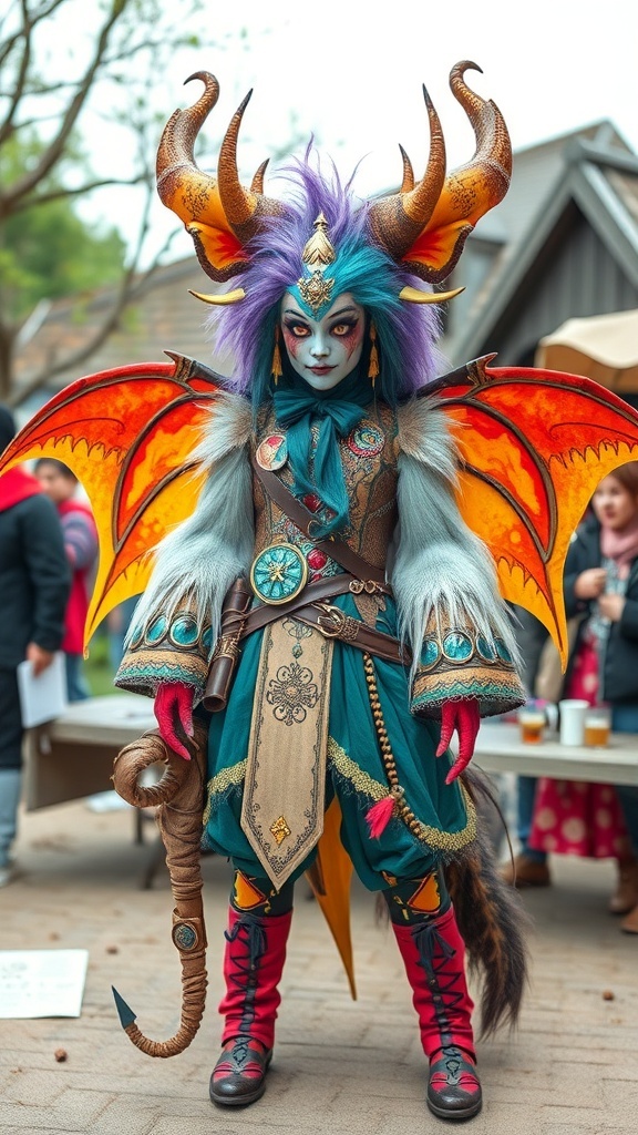 A person in a colorful mythical creature costume with horns and wings, showcasing a unique mash-up of fantasy elements.