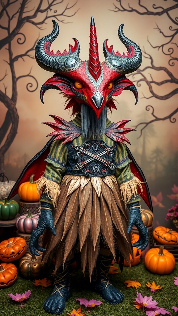 A mythical creature costume featuring a red and black mask with horns, a feather-like skirt, and a dramatic backdrop.
