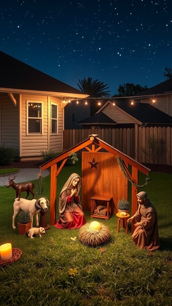 A nativity scene with lifelike figures of Mary, Joseph, and animals in a cozy stable, illuminated by candles under a starry night.
