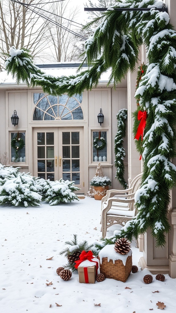 A snowy front yard decorated for Christmas with evergreens, red bows, and gifts.