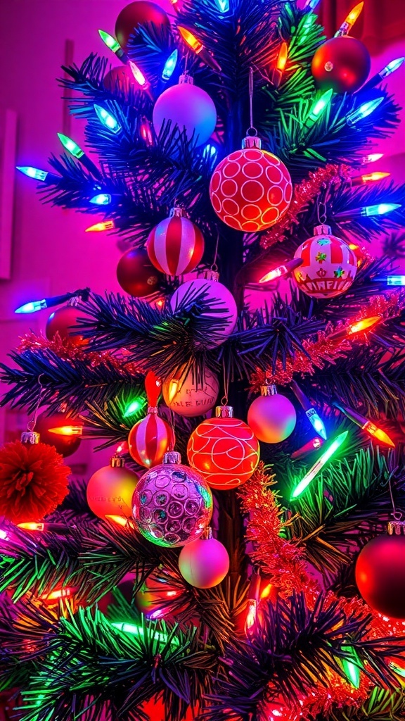 A Christmas tree decorated with colorful neon lights and retro ornaments.