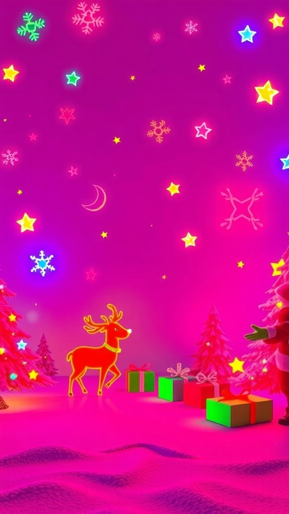 A vibrant neon Christmas scene featuring a glowing reindeer, colorful gifts, and festive decorations against a pink background.