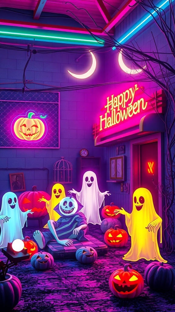 A colorful Halloween scene featuring neon ghosts, pumpkins, and a cheerful character in a retro 80s aesthetic.
