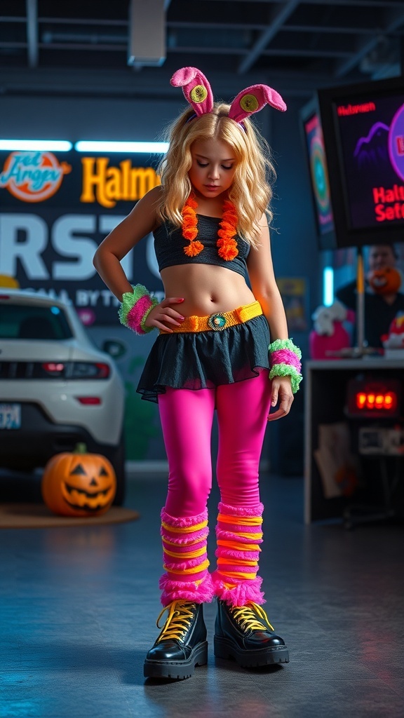 A child wearing a vibrant 80s inspired Halloween outfit with neon spandex leggings, colorful leg warmers, and platform boots.