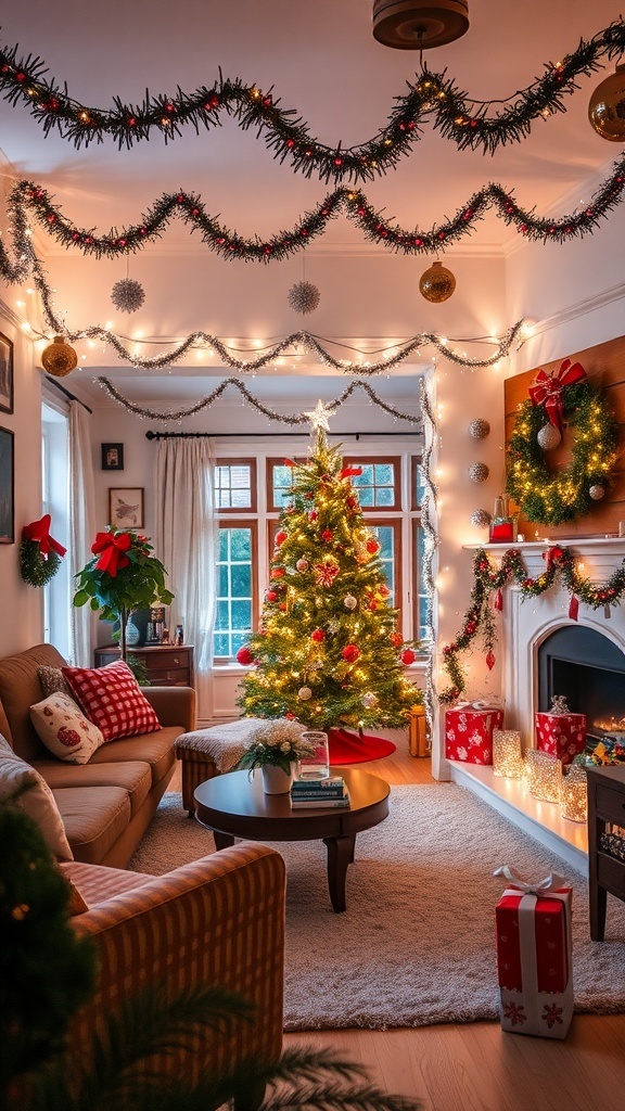Cozy living room decorated for Christmas with a tree, lights, and festive decor.