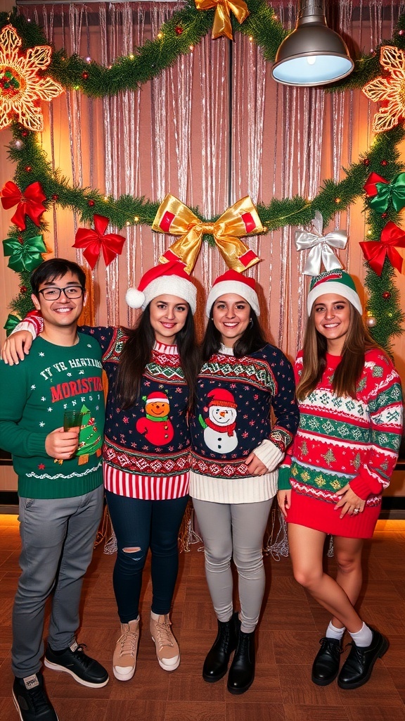 A group of friends wearing festive 90s style Christmas sweaters, smiling in front of a decorated backdrop.