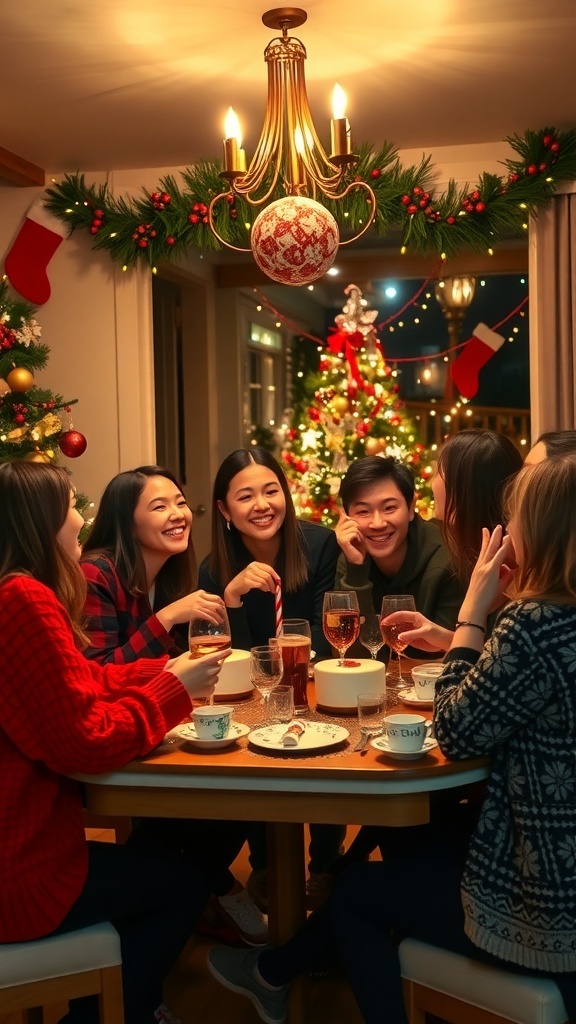 A group of friends enjoying a festive Christmas gathering around a table filled with drinks and treats, surrounded by holiday decorations.