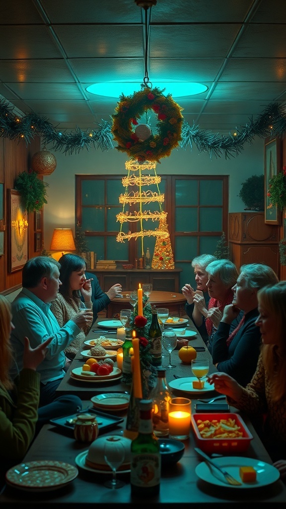 A cozy 70s style holiday gathering with friends and family around a table filled with food and drinks, decorated with festive lights and ornaments.