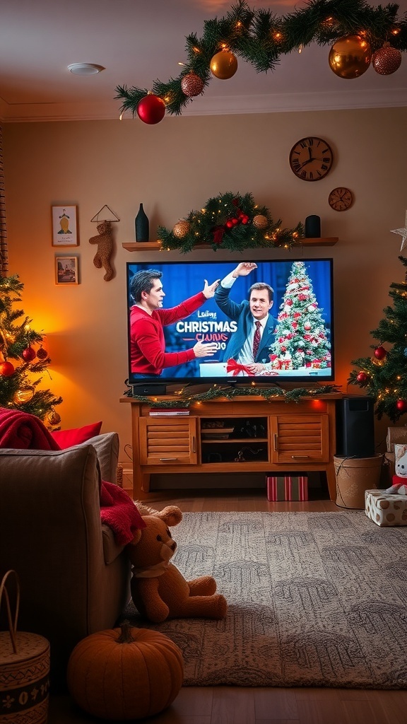 Cozy living room decorated for Christmas with a TV showing a holiday movie
