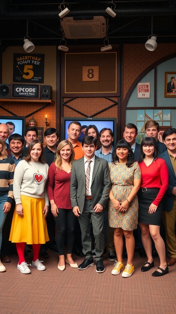 A group of people dressed in colorful costumes inspired by nostalgic TV show characters from the 2000s.