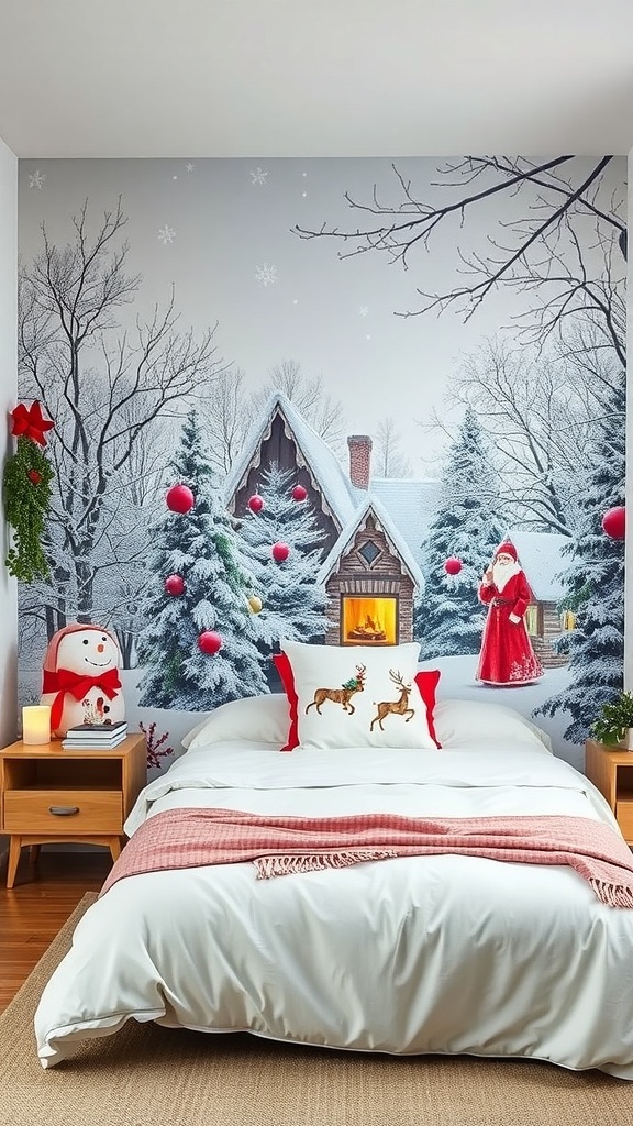 A cozy winter scene wallpaper featuring a cabin, snow-covered trees, Santa, and festive decorations.