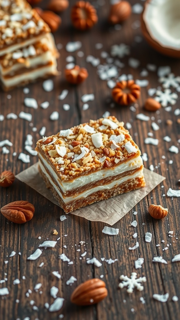 A slice of Christmas 7 layer bars topped with nuts and coconut on a wooden surface.