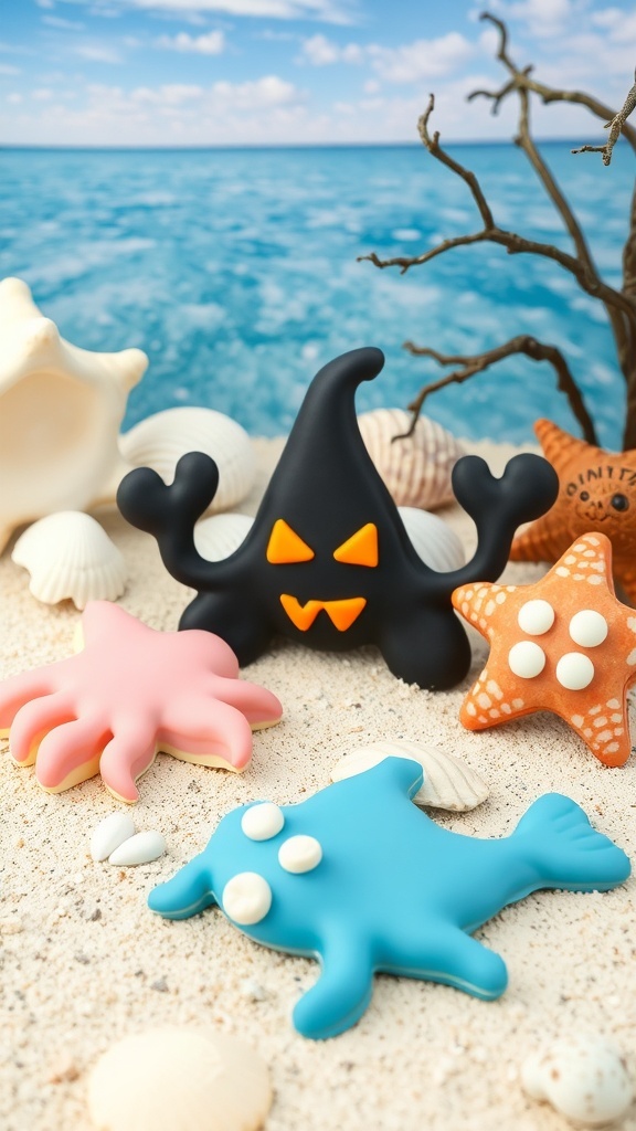 Colorful Halloween-themed cookies shaped like sea creatures on a sandy beach