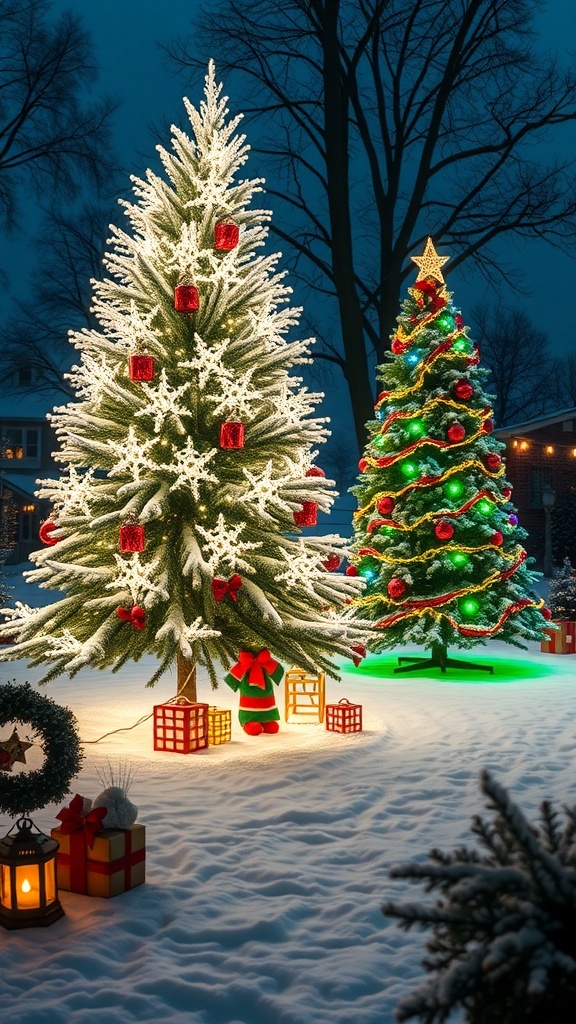 Two Christmas trees in a snowy yard, one with white lights and red ornaments, the other with colorful lights and a star on top.