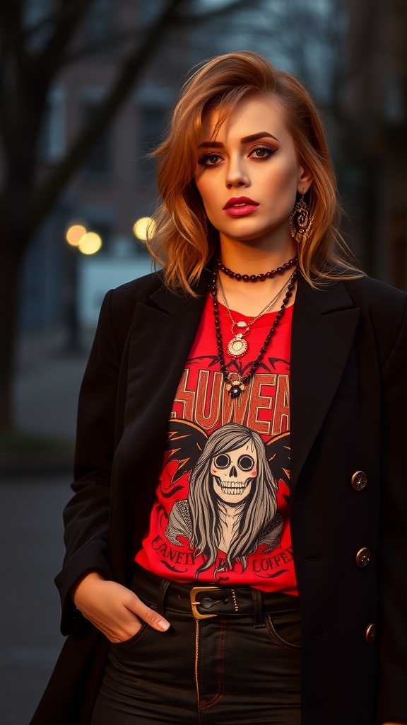 A model wearing an oversized black blazer over a red graphic tee with a skull design, accessorized with layered necklaces and earrings.