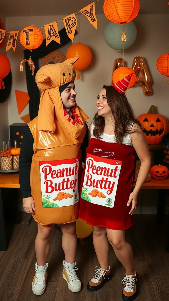 Two friends dressed as peanut butter and jelly for Halloween, smiling and enjoying the festive decorations.