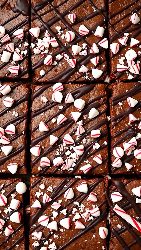 A close-up of peppermint bark brownies topped with crushed candy canes and chocolate drizzle.
