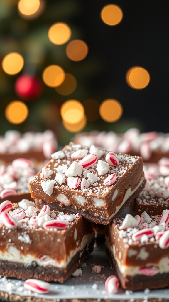 Peppermint chocolate 7 layer bars with crushed peppermint on top, set against a festive background with holiday lights.
