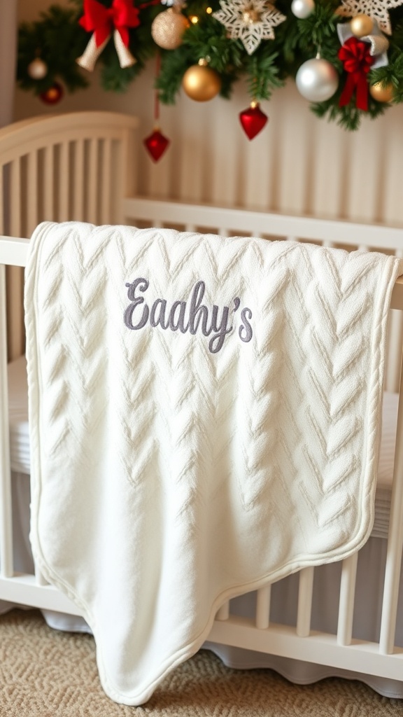 Personalized cream-colored baby blanket with braided texture and name embroidery, displayed in a nursery with Christmas decorations.