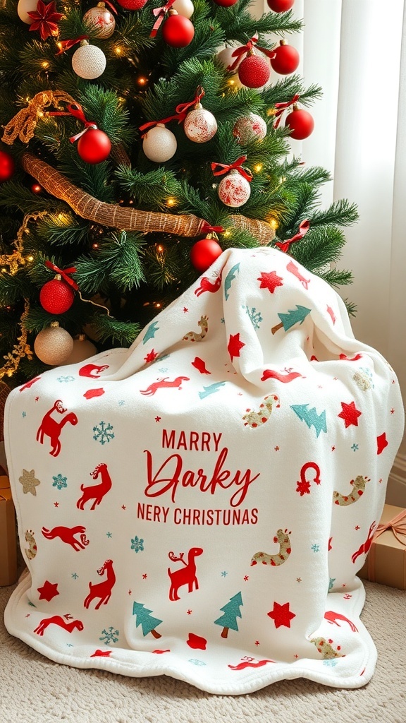 A cozy personalized baby blanket with festive designs, placed near a decorated Christmas tree.
