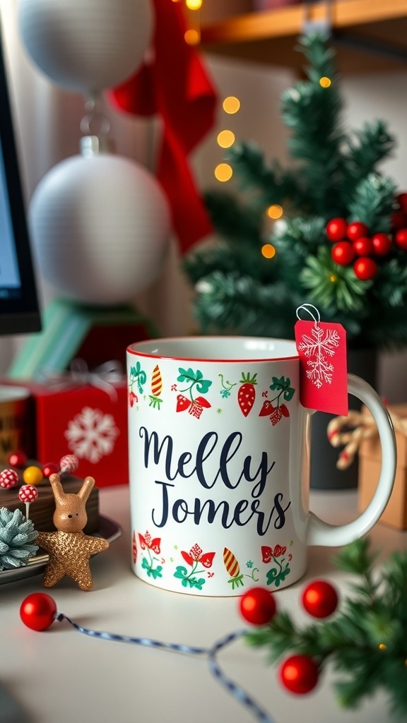 A personalized coffee mug with the name 'Melly Tomers' surrounded by festive decorations.