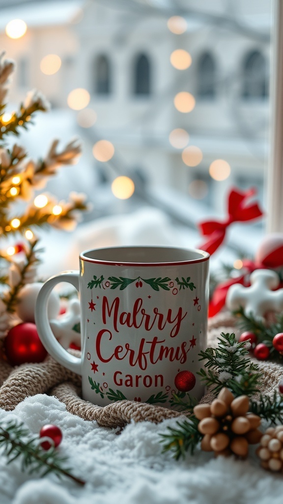 A festive personalized coffee mug with the text 'Merry Cerftmus Garon' surrounded by holiday decorations.