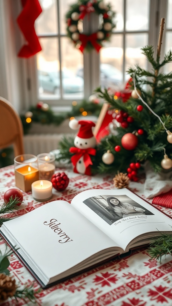 A personalized photo book open on a festive table with Christmas decorations.