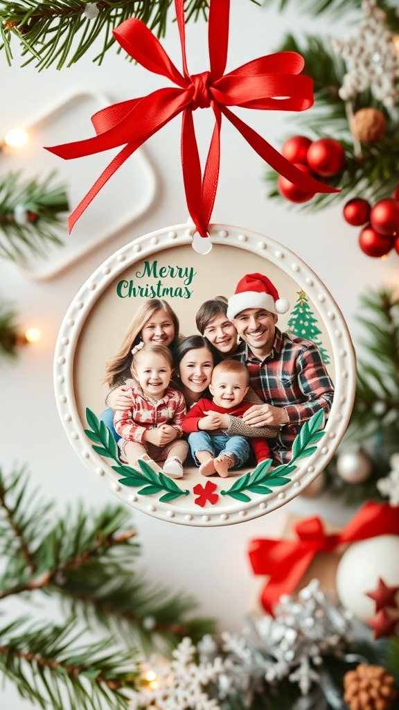A personalized Christmas ornament featuring a family photo with a festive design.