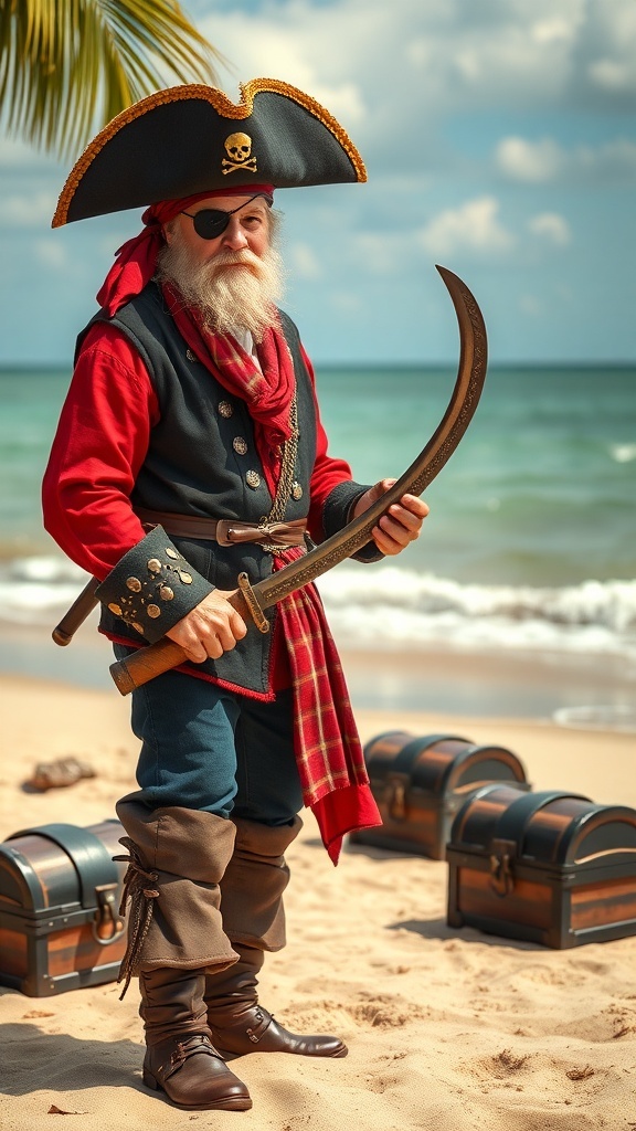 Un hombre disfrazado de pirata con un sombrero grande, espada y cofres de tesoro en la playa.