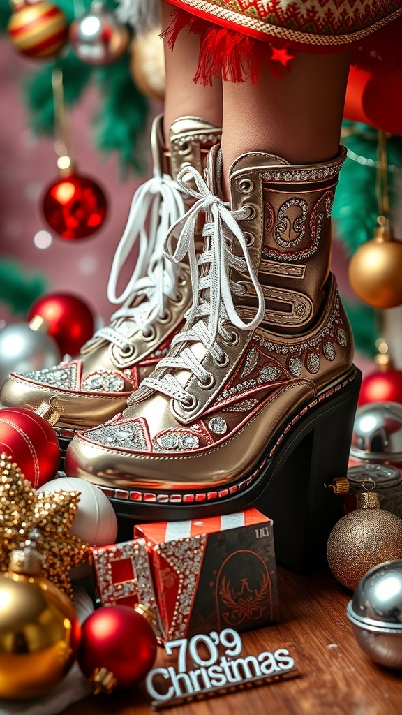 A close-up of shiny gold platform shoes with intricate designs, surrounded by colorful Christmas ornaments and decorations.