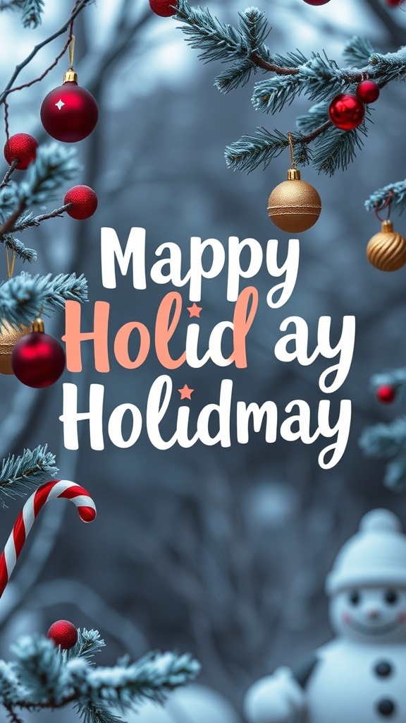 A playful holiday font saying 'Mappy Holid ay Holidmay' surrounded by festive decorations.