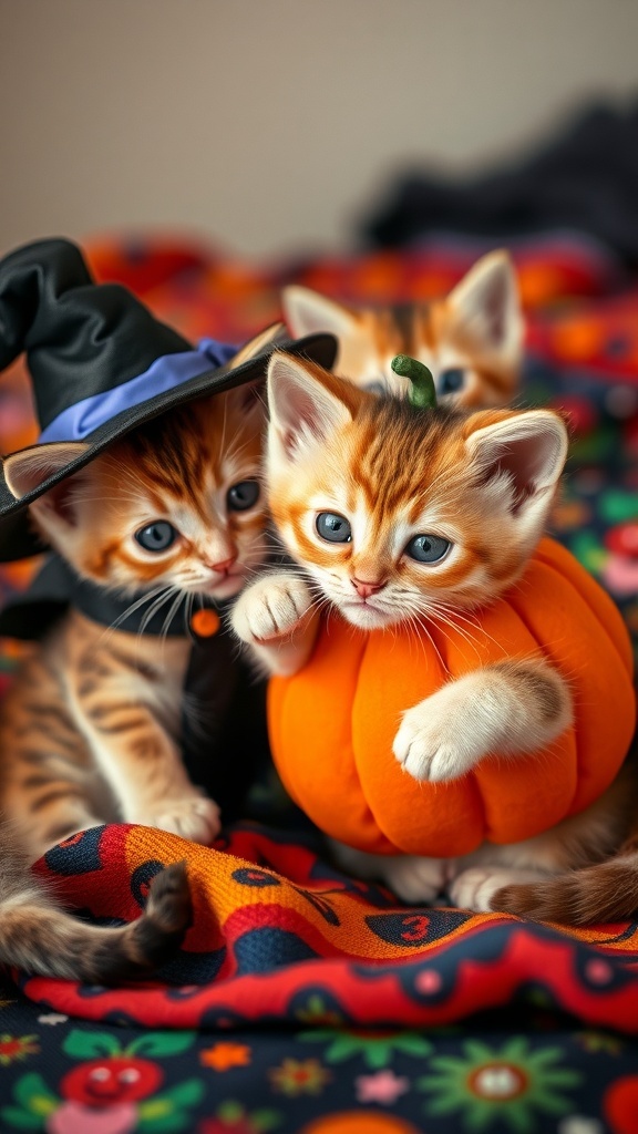 Two playful kittens in Halloween costumes, one wearing a witch's hat and the other cuddling a pumpkin.